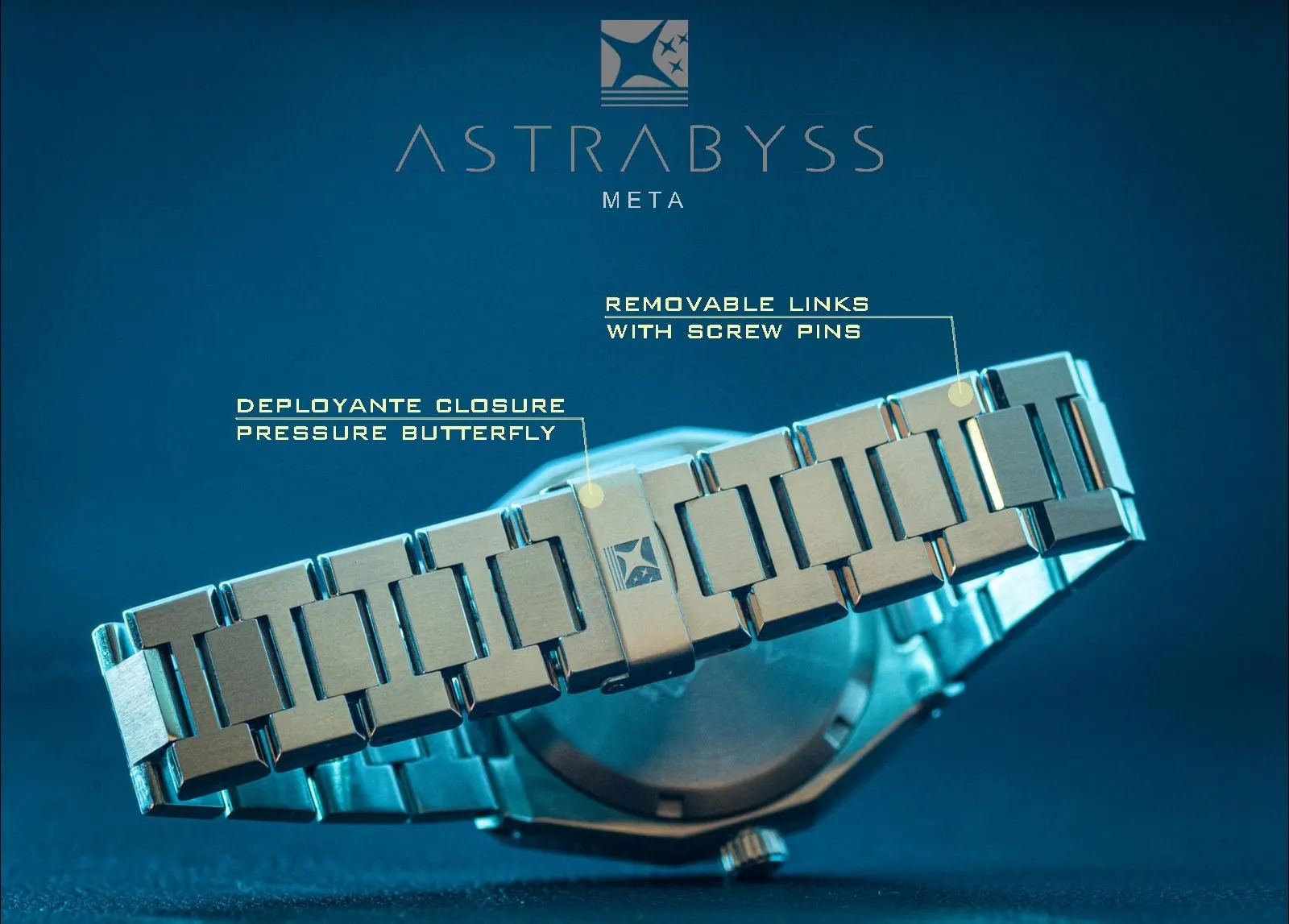 META integrated steel bracelet with deployante pressure butterfly closure and removable screw-pin links