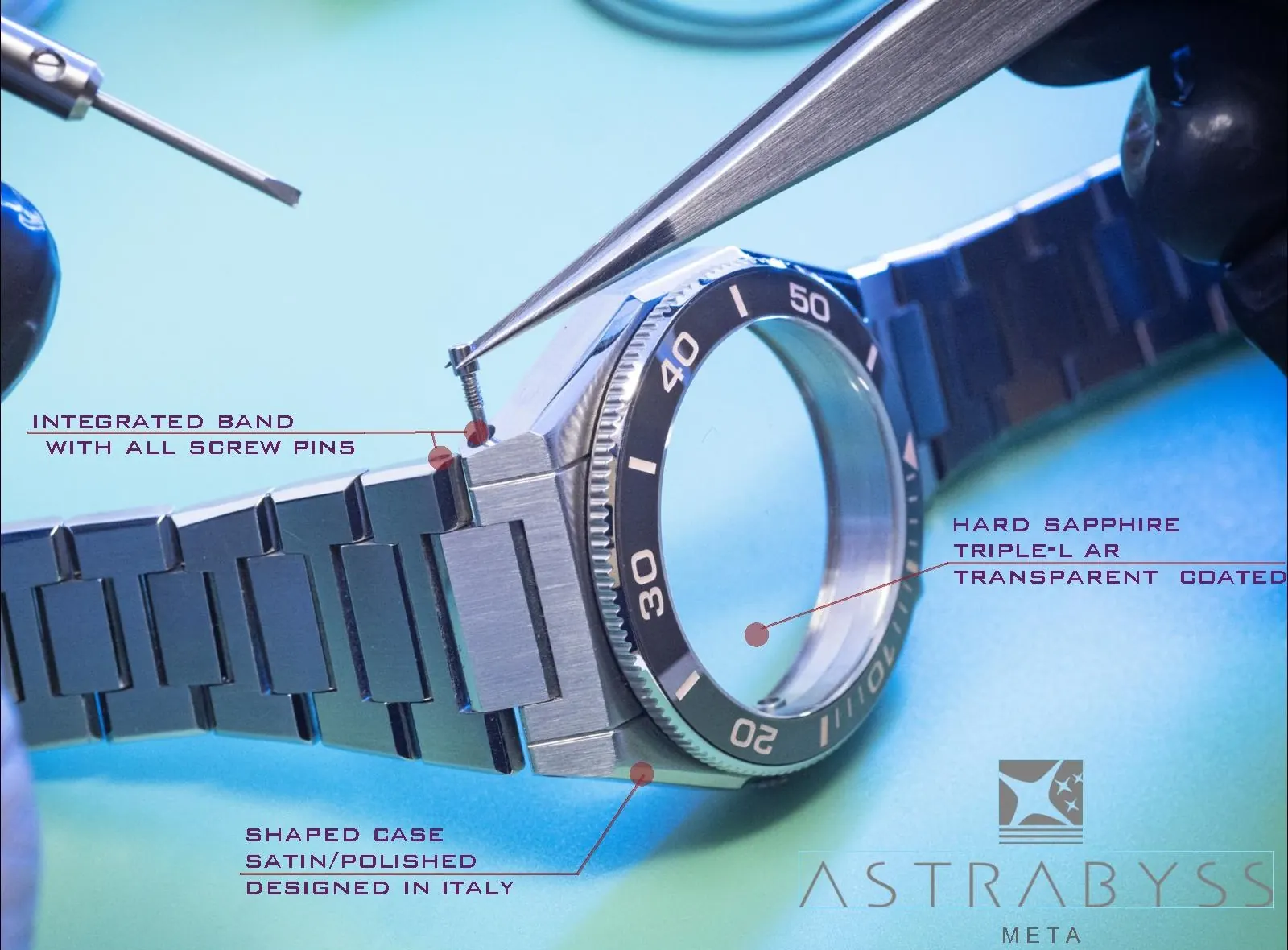 Integrated multiface band with screwed pins under the sapphire crystal, annotated with case finishing details