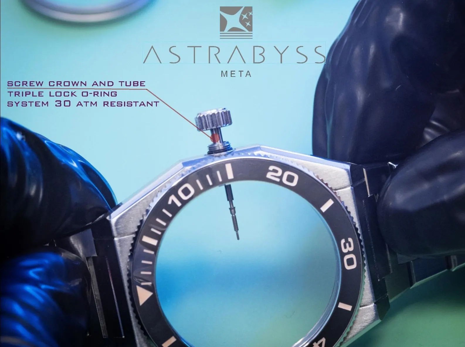 Screw-down crown and tube assembly, annotated with the triple lock O-ring system resisting 30 ATM