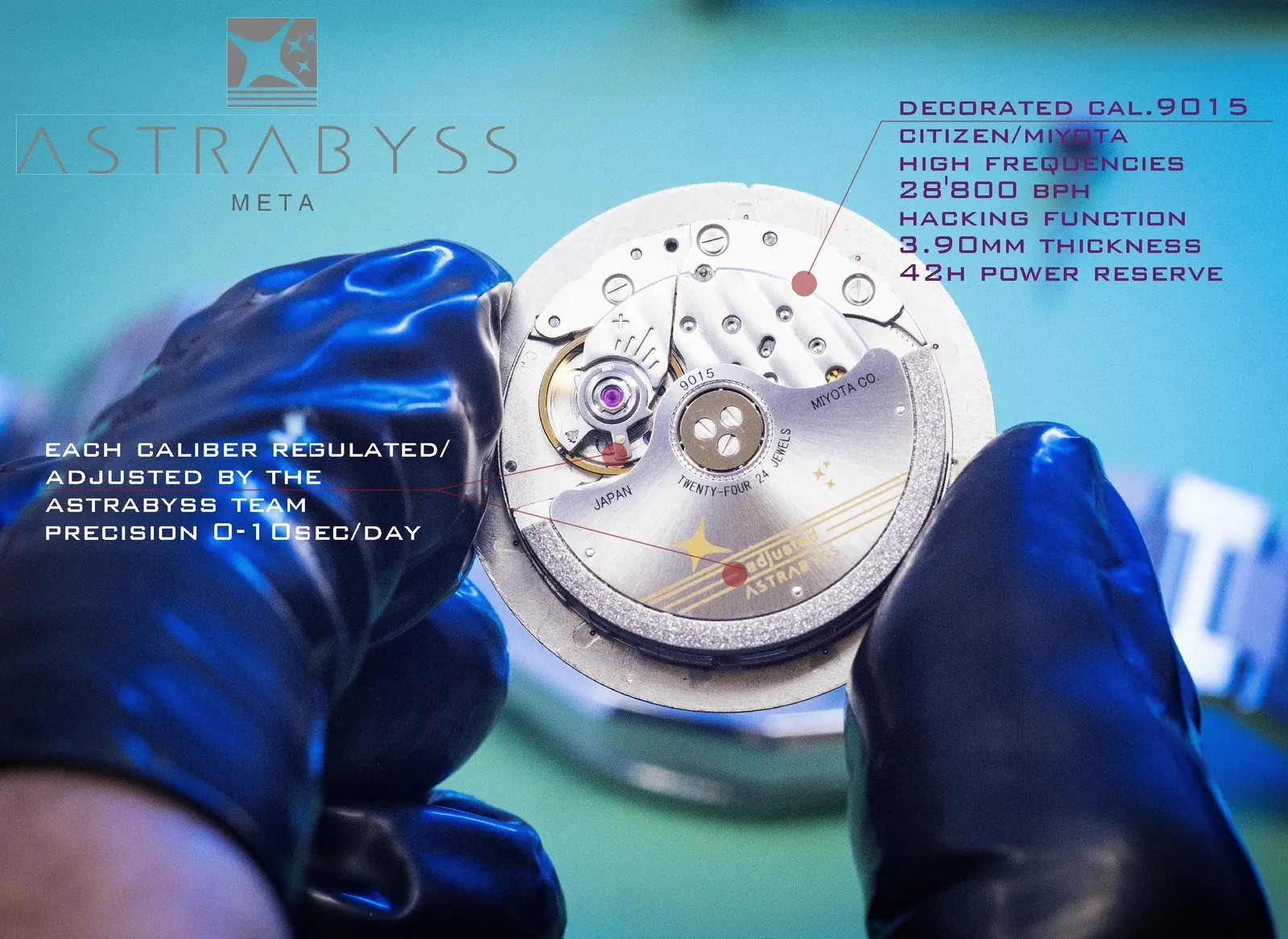 Watchmaker holding the dedicated cal. 9015 automatic movement, annotated with its 28,800 bph high frequency and 42 h power reserve