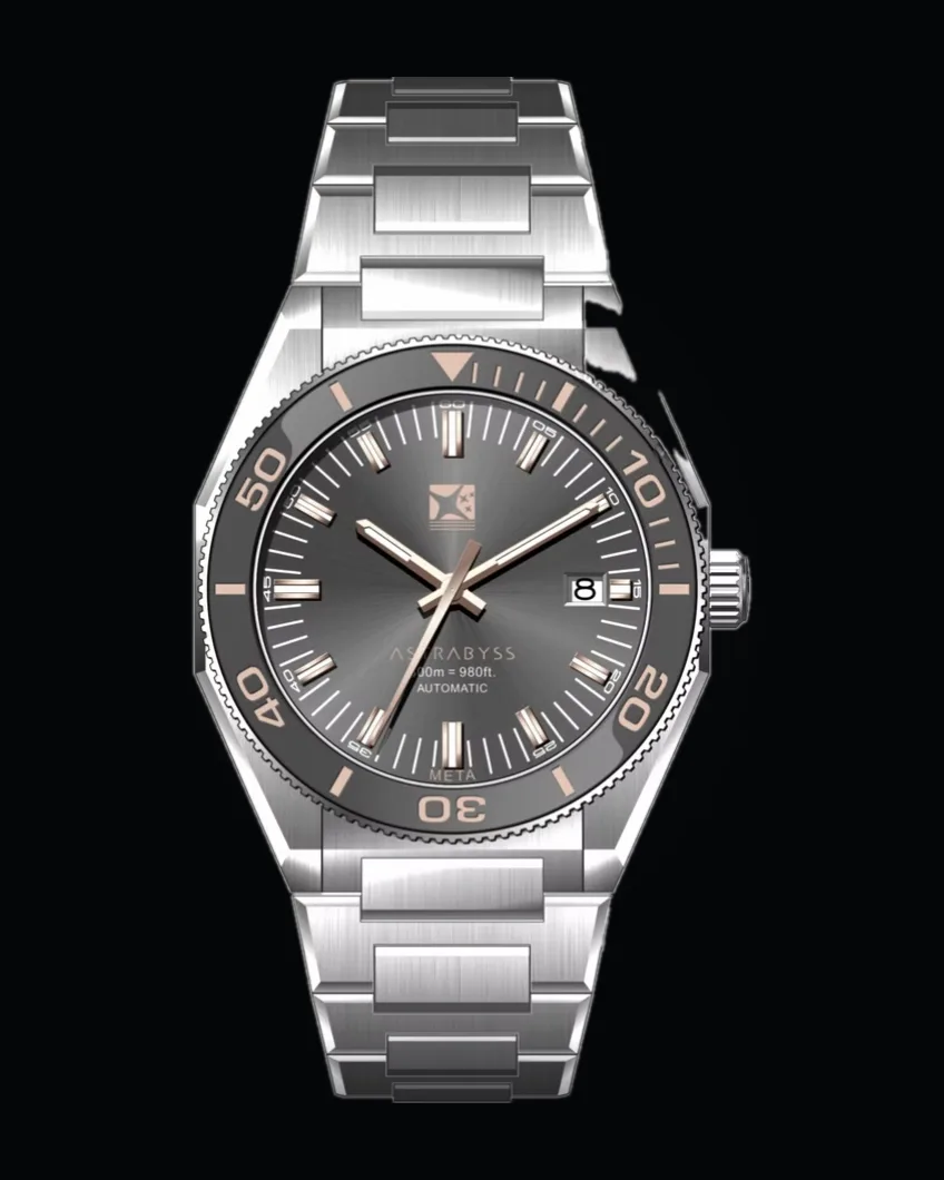 META AM01.r quadrante grigio soleil con accenti oro rosa sul bracciale integrato