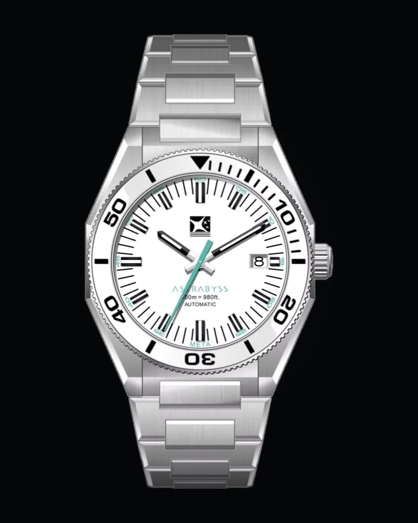 META AM01.p Polar White con lancetta dei secondi verde acqua sul bracciale integrato